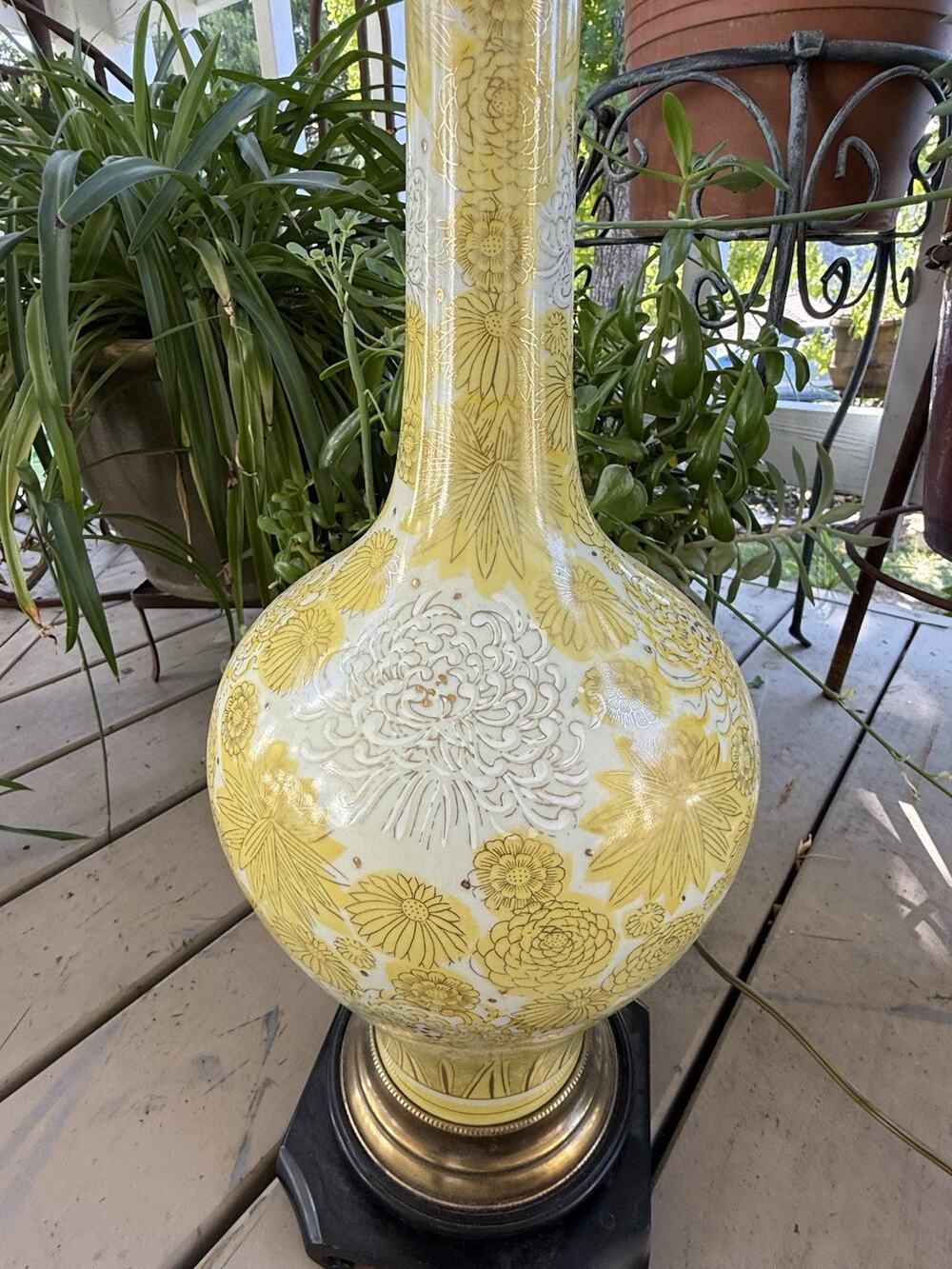 Monumental 41" Vintage Yellow Porcelain Table Lamp Hollywood Regency Chinoiserie
